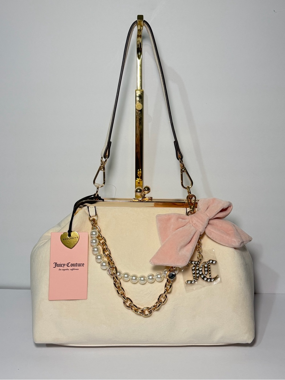 Juicy Couture kiss lock Cream Velvet Bow Accent Shoulder Bag